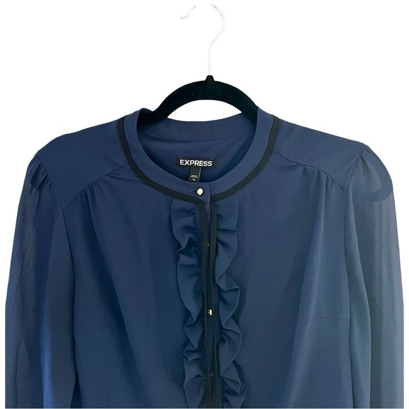 EXPRESS Long Sleeve Ruffled Chiffon Cobalt Blue Dress Sz 10 - Picture 3 of 7